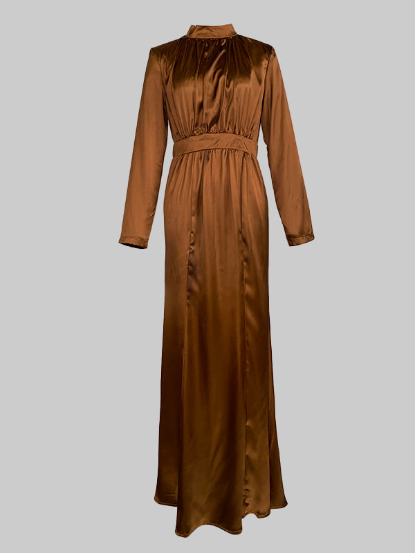 Pleated Shiny Solid Color Split-Joint Tied Waist Long Sleeves Loose High Neck Maxi Dresses Evening Dresses