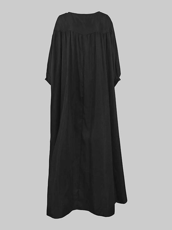 Pleated Solid Color Split-Joint Batwing Sleeves Loose Round-neck Maxi Dresses