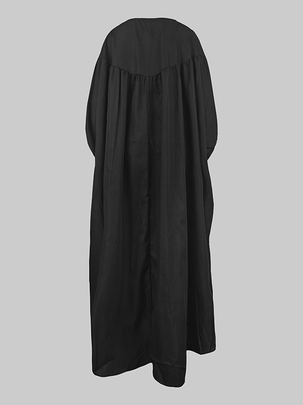 Pleated Solid Color Split-Joint Batwing Sleeves Loose Round-neck Maxi Dresses